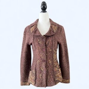 Vintage Brown Embroidered Beaded Boho Fairy Granola Button Up Jacket Medium